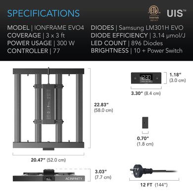 AC Infinity Ionframe EVO4, Samsung LM301H EVO 300 Watt, 3x3 Ft or 90x90 cm flower