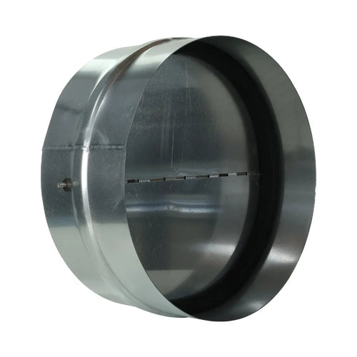 Galvanised steel backdraft damper for inline ducting with automatic spring-loaded blades to prevent reverse airflow in ventilation system