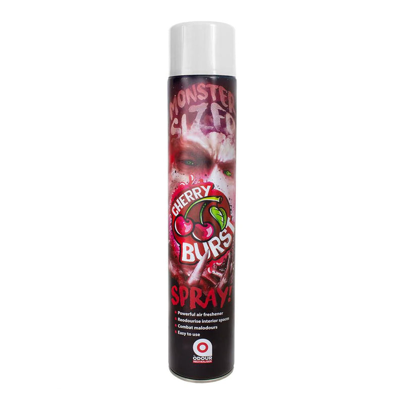 A can of Ona Fresh Cherry Burst air freshener spray, featuring a black and red label with a cherry graphic, on a plain white background.