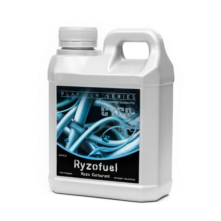 A white plastic jug of Ryzofuel Ryzo Cerment from the Platinum Series, featuring a black and blue label with an abstract circuit graphic.