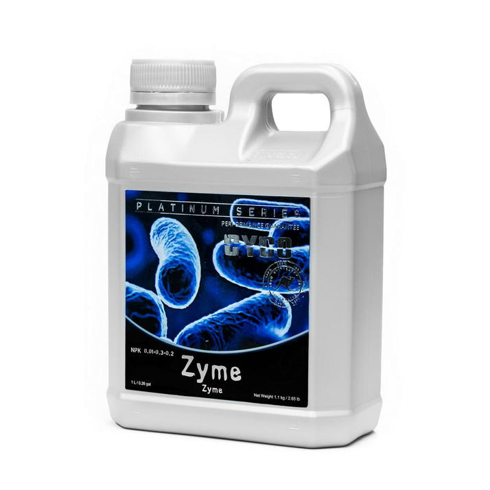 A white plastic jug of Platinum Series Zyme enzyme supplement with a blue and black label, set against a plain white background.