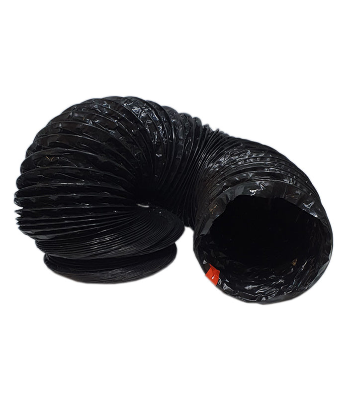 Flexible wire core ducting with black PVC outer layer for grow room, hydroponic, and HVAC ventilation systems.