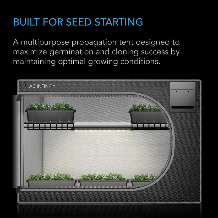 AC Infinity CLOUDLAB Advance Propagation Grow Tent with text indicating it's built for seed starting and maximizing germination and cloning success.