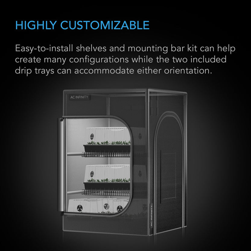 AC Infinity CLOUDLAB Advance Propagation Grow Tent with shelves and plants inside, text about customizable shelves and mounting bar kit.
