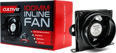 CULTIV8 steel inline axial booster fan available in 100mm, 150mm, and 200mm sizes for grow tent and hydroponic ventilation.