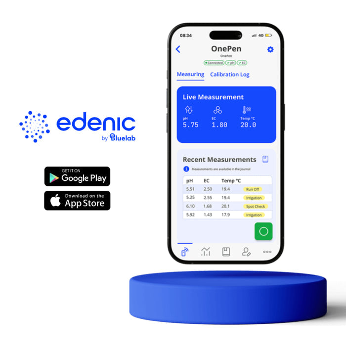 Bluelab OnePen smart device app interface on a white background, featuring the Edenic by Bluelab logo.
