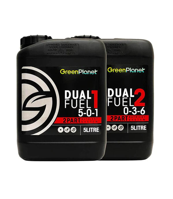 Two black 5-litre plastic jugs of GreenPlanet Dual Fuel 5-0-1 and 0-3-6 2-part motor oil mixtures, displayed against a plain white background.