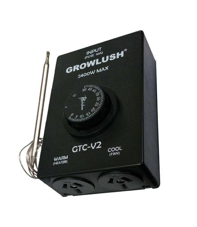 Growlush Thermal Controller GTC V2 with external temperature probe for automatic control of inline extraction fans in grow rooms and greenhouses.