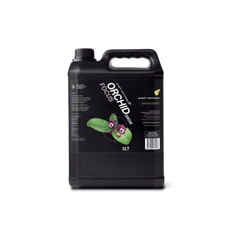 Black 5-liter container of Orchid Focus plant nutrient featuring a graphic of orchid flowers and leaves, with detailed usage instructions and caution label, built by growers, for growers.