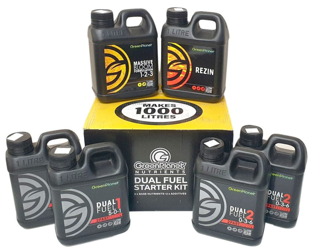 GreenPlanet Dual Fuel Starter Kit with Dual Fuel 1 and 2 base nutrients, Massive Bloom Formulation and Rezin flowering additive.