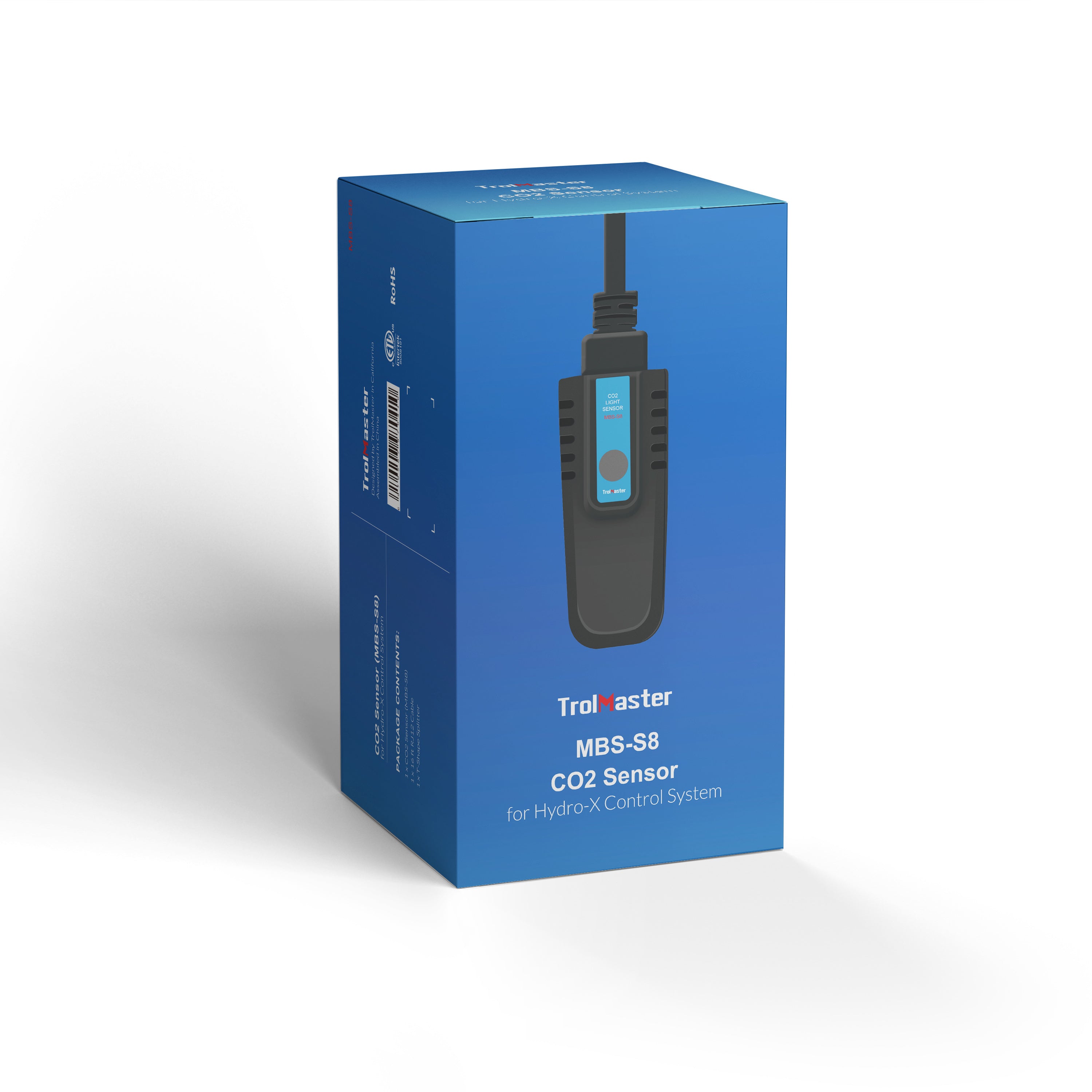 Blue box packaging of a CO2 sensor with Trolmaster branding on a white background