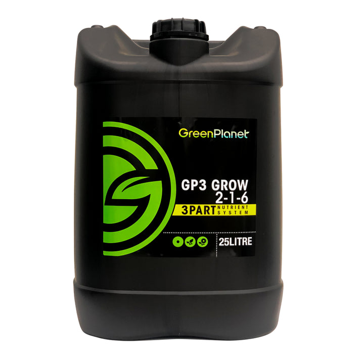 A 25-liter black plastic container of GreenPlanet GP3 Grow 2-1-6 nutrient solution, featuring a black and green label with white and yellow text.