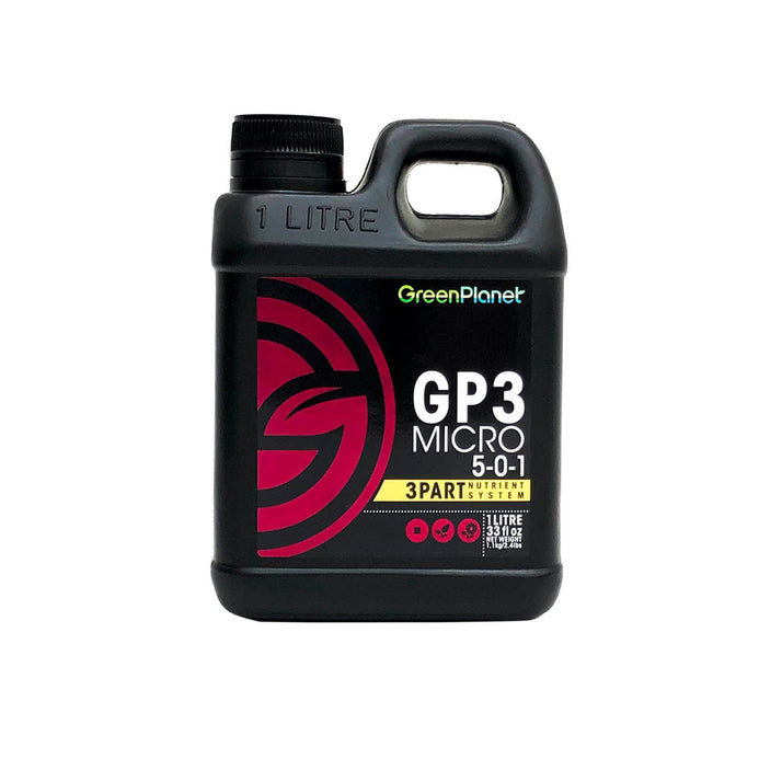 Green Planet GP3 Micro concentrated three-part base nutrient supplying essential micronutrients for healthy plant growth in hydroponic, coco, and soil systems.