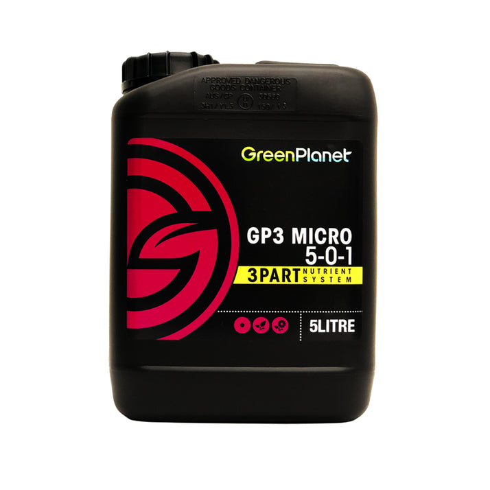 A 5 litre black plastic bottle of GreenPlanet GP3 Micro 5-0-1 3-part nutrient solution, featuring a bold red and black logo and white text on the label, set against a plain white background.