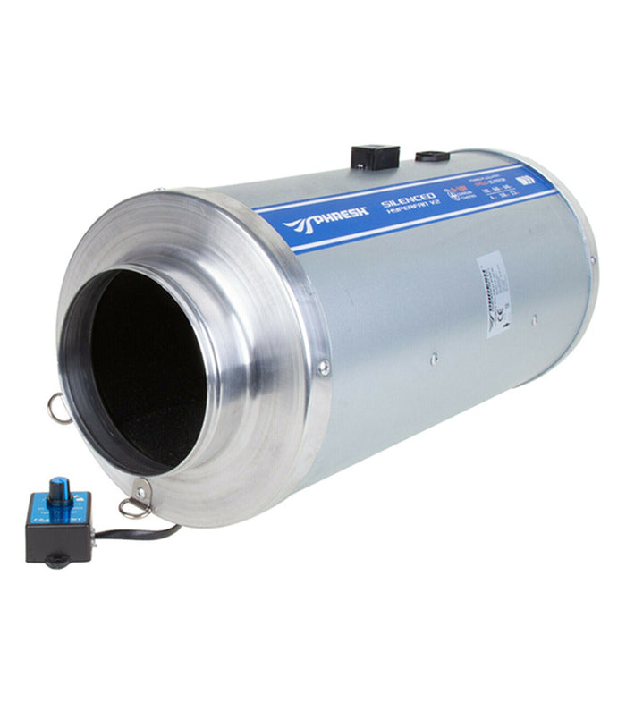 Phresh Silenced Hyper Fan V2 EC mixed-flow inline fan with insulated housing and digital speed control for quiet grow room ventilation.