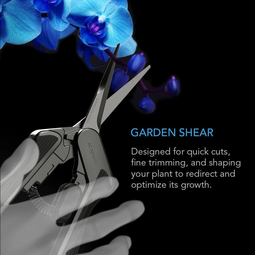 AC Infinity Garden shear with blue flowers on a black background