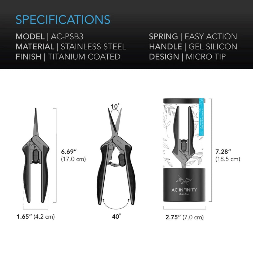 AC Infinity Gardening shears with specifications and packaging on a white background