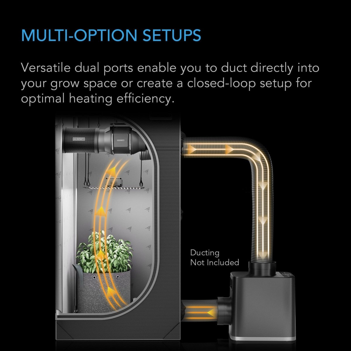 Glowing heating element in AC Infinity THERMOFORGE T7 with ducting setup diagram on a black background